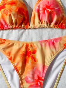 SHEIN Colorful Orange Print Casual Everyday Vacation Bikini Top For Teen Girls - Orange - View 3