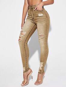SHEIN Essnce Women's Front Button Pocket Distressed Simple Casual Denim Jeans - Khaki - View 3