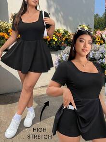 GalTyme 大码女式休闲圆领短袖 A 字形荷叶边下摆连体裤，百搭百搭，适合学校、户外、健身房、瑜伽、日常穿着，黑色，吸湿排汗、快干，面料舒适 - 黑色 - 查看 1