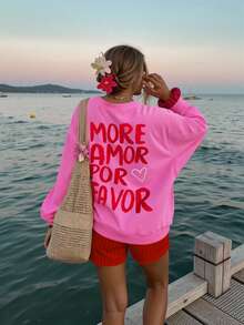 DrmWander Women's Letter Print Casual Atmosphere Round Neck Long Sleeve Sweatshirt - Hot Pink - View 5