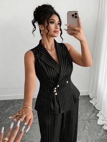 Elenzga 大码女式通勤极简条纹背心和裤子两件套 - 黑色 - 查看 5