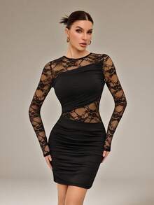 SHEIN Tall Women's Spring/Summer/Autumn/Winter New Arrival Mini Dress, Long Sleeve Dress, Solid Color Lace Patchwork Vintage Romantic Sexy Elegant Lady Dress - Black - View 3