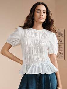 Arave Blusa de mujer con diseño de volantes, cintura ajustada y mangas farol de tela texturizada de tencel. Blusa elegante y casual para uso diario, en color blanco, con mangas abullonadas. Blusas de verano para mujer, atuendos de trabajo - Blanco - Ver 7