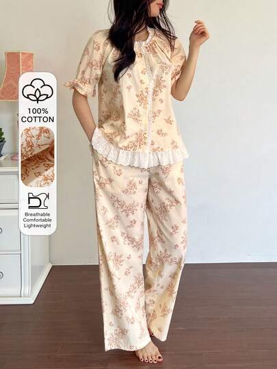 DAZY Bộ đồ ngủ nữ mùa xuân gồm 2 món, thêu hoa và viền bèo nhún, kiểu dáng rộng rãi.