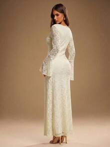 Radiana Women's Elegant Cream White Mesh Jacquard Low-Cut Fitted Dress,Autumn Wedding Guest Dress For Parties,Clubs,Dates,Celebrations & Events - Apricot - View 4