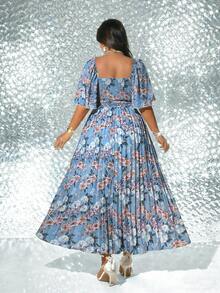 Viva Relle Elegant Romantic Printed Long Pleated Dress - Blue - View 2