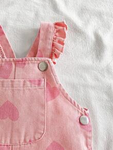 SHEIN Vintaside Kids 1件女嬰藍色牛仔休閒可愛刺繡花卉吊帶連身褲，適合外出與派對，秋季穿著 - 粉色 - 查看 8