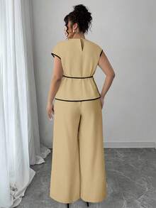 Elenzga Asymmetrical Waist Cinched Short Sleeve 2 Pieces Set, Plus Size - Apricot - View 2
