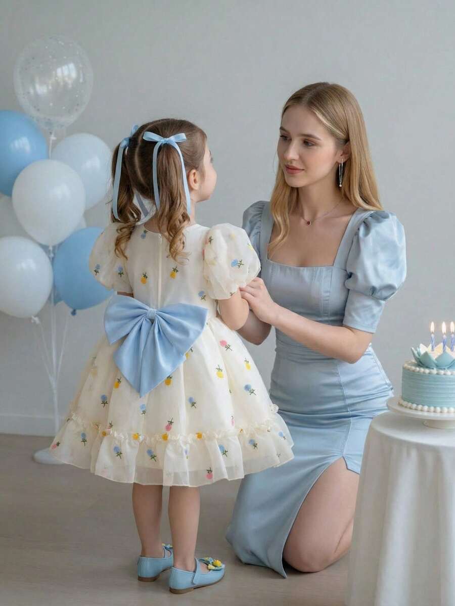 Glamorique Kids 女童彩色刺绣花卉连衣裙，短花瓣袖，优雅公主裙，儿童派对礼服，适合度假、婚礼、派对、宴会等场合，后背饰有蝴蝶结。
