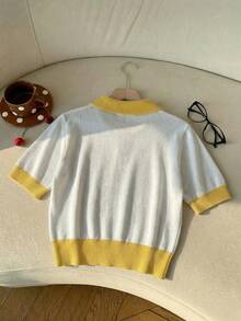 SHEIN CovetEZ 休闲简约风夏季度假撞色柠檬菠萝水果刺绣定位图案女式针织衫，超火小众学院风品牌，潮流爆款街头服饰系列，超萌Polo领短袖，适合春夏穿着 - 彩色 - 查看 2