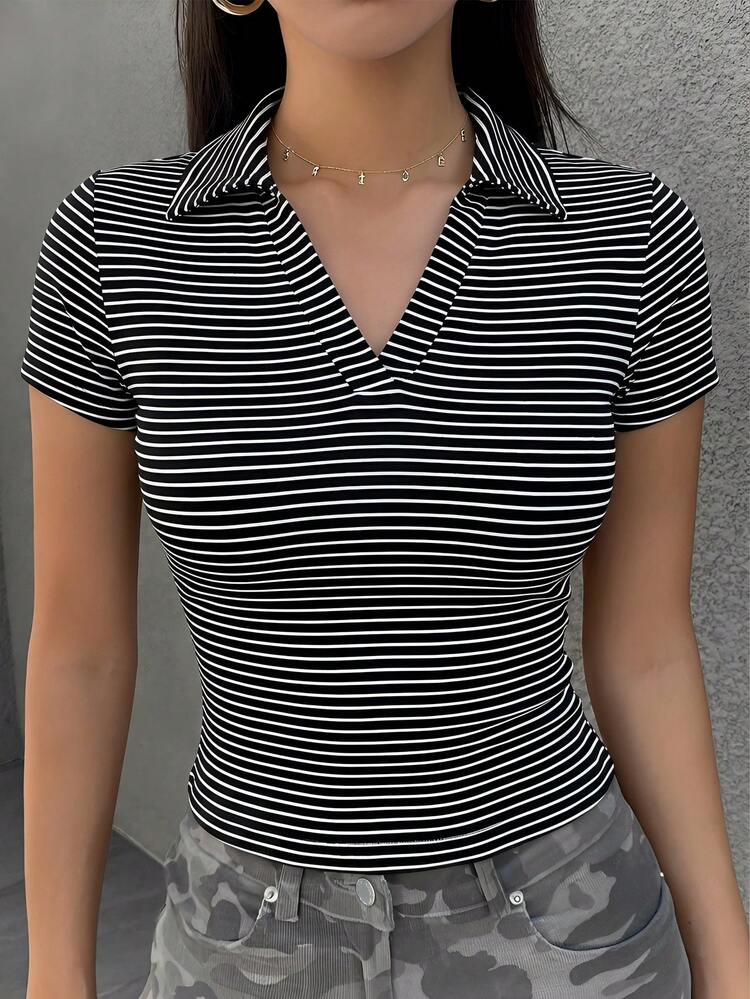 Women's Striped Fitted Polo Collar Casual Short Sleeve T-Shirt