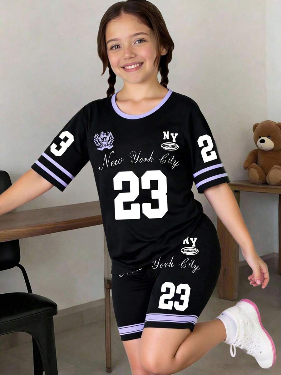 女童印花撞色圆领宽松T恤和针织紧身短裤运动黑色套装,女童夏季街头时尚套装 - 白色 - 查看 1