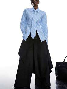 LYSMO 2026新款极简春夏女式宽松垫肩系带长袖束腰衬衫，适合日常穿着、通勤和办公，展现都市时尚风格。蓝色条纹束腰衬衫。/ 春季 / 圣诞节 / 新年 / 感恩节 - 藍色 - 查看 8