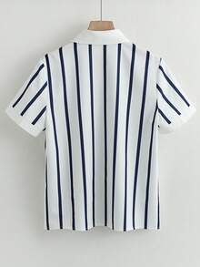 SHEIN PETITE Áo sơ mi nữ tay ngắn kẻ sọc cài một hàng khuy, trang phục thường ngày mùa hè. - Xanh và trắng - Xem 2
