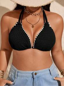 Swim Lushoire Plus Size Women Deep V Neck Drawstring Shoulder Strap Floral Trim Swimwear Top, Summer Beach Vacation - Black - View 3