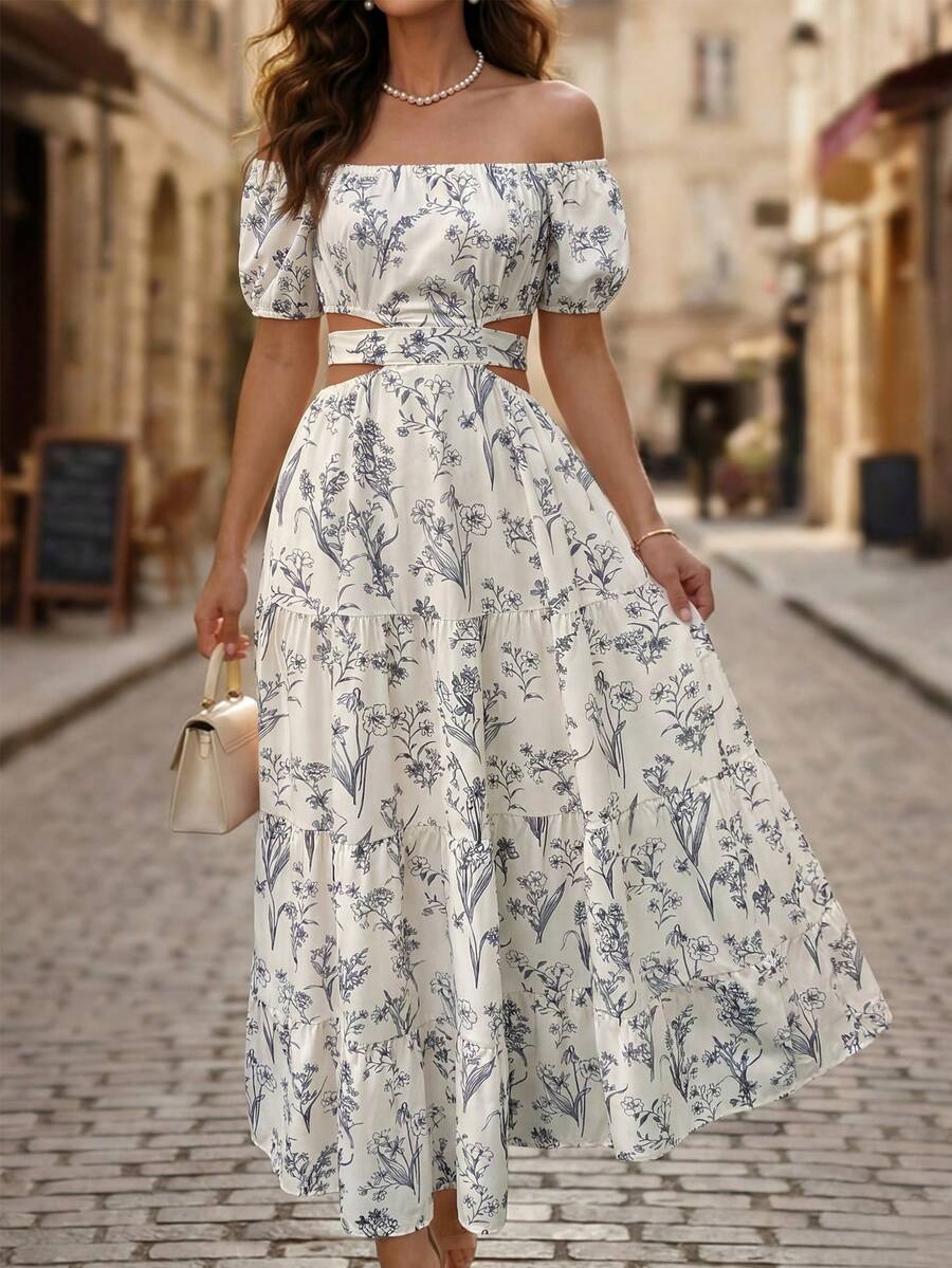 Rafferiza 休闲度假风露肩蝴蝶结露背连衣裙 - 杏色 - 查看 1