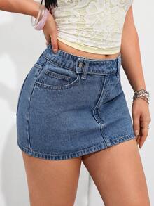 SHEIN PETITE تنورة جينز كاجوال متعددة الاستخدامات للنساء مع جيوب ، للنساء الصغيرات - أزرق متوسط - مشاهدة 5