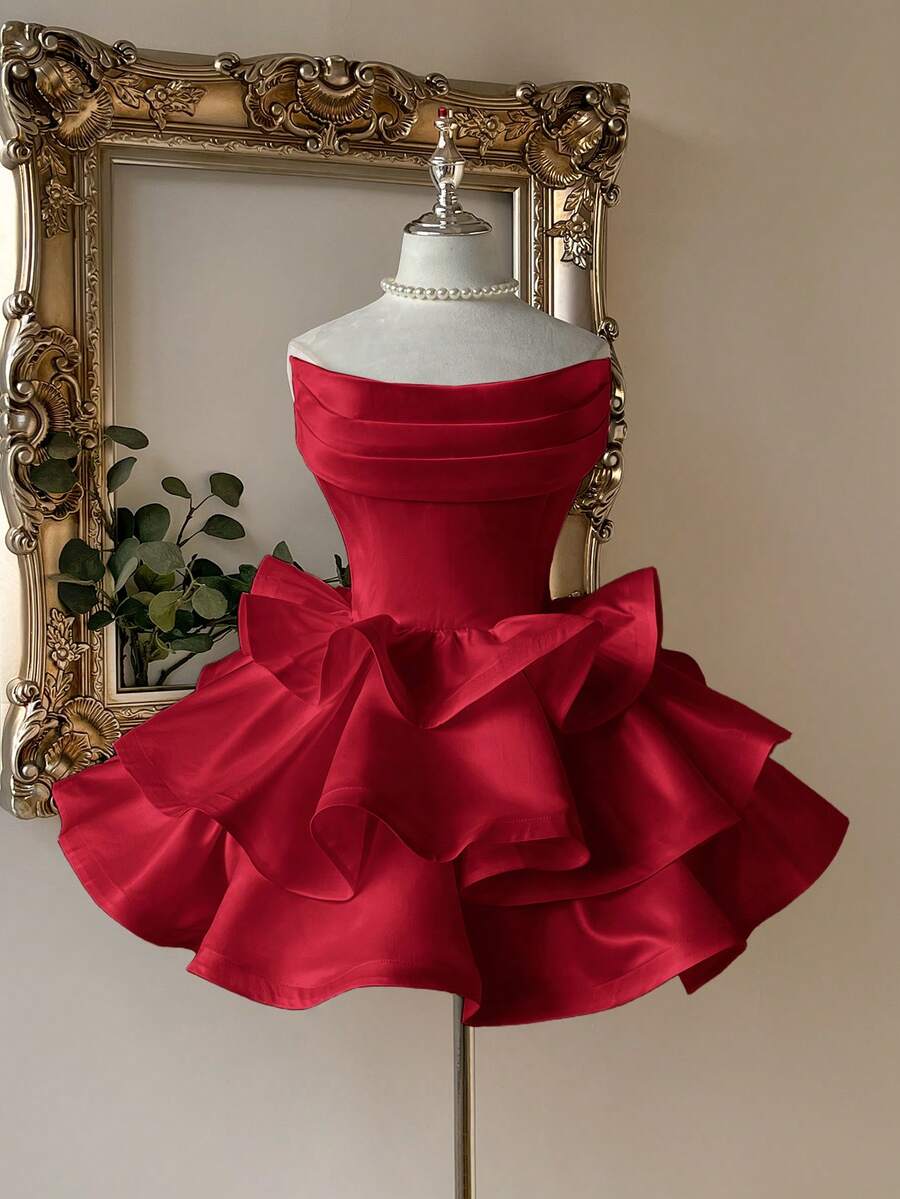 Lovelzi Vestido elegante, romántico y de moda con hombros descubiertos y volantes en el bajo, adecuado para fiestas de solteros, bodas, graduaciones, vacaciones, tardes de té y despedidas de soltera - Rojo - Ver 1