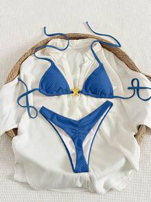 Swim Vcay Bộ bikini tam giác phong cách Boho 2 mảnh của Swim Vacay, màu trắng kem trơn, chất liệu vải dệt họa tiết, dây đeo có thể điều chỉnh, quần cạp cao xếp ly, chất liệu jacquard đặc biệt và họa tiết sao biển kim loại trang trí, đồ bơi sang trọng, thời trang và gợi cảm cho kỳ nghỉ hè, trang phục dành cho nữ. - Màu xanh lam - Xem 1