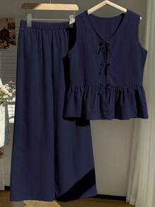 Sparklyn Conjunto de top sin mangas con volantes en el bajo y pantalones de pierna ancha de unicolor para niña preadolescente, ideal para primavera/verano, vacaciones y uso diario - Azul Marino - Ver 6