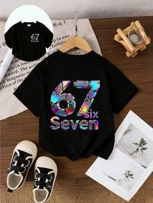 小男孩時尚彩色 67 字母印花短袖 T 恤，適合學校、夏季、海灘，Six Seven 7 歲生日 Tee，Squishy Boy 男孩 T 恤 - 彩色 - 查看 2