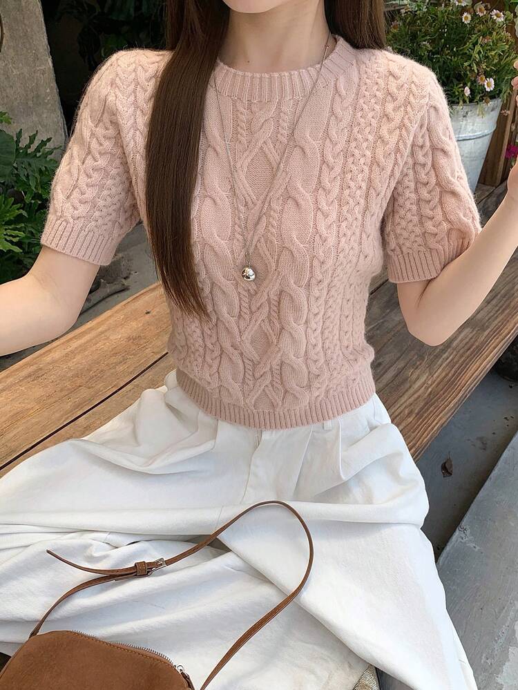Women's Solid Color Cropped Round Neck Short Sleeve Textured Knit Casual Summer Lightweight Sweater Top