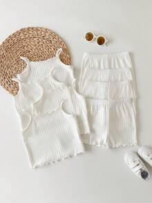 8pcs/Set Baby Girl Casual Solid Color Knit Camisole Top And Shorts Set - White - View 1