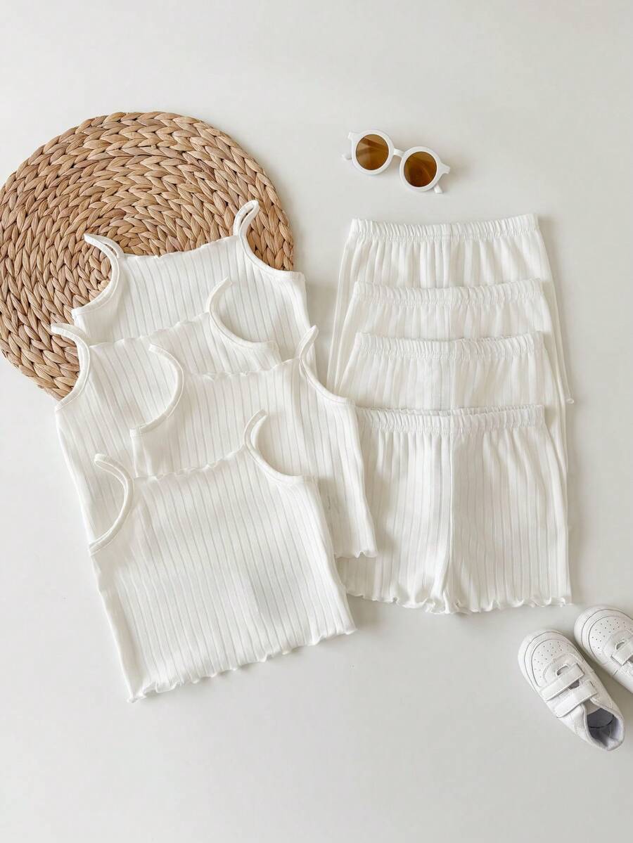 8pcs/Set Baby Girl Casual Solid Color Knit Camisole Top And Shorts Set - White - View 1