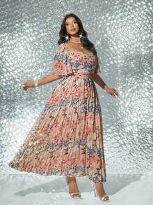 SHEIN Galaire Plus Size Women Elegant Floral Print Long Pleated Dress - Yellow - View 4
