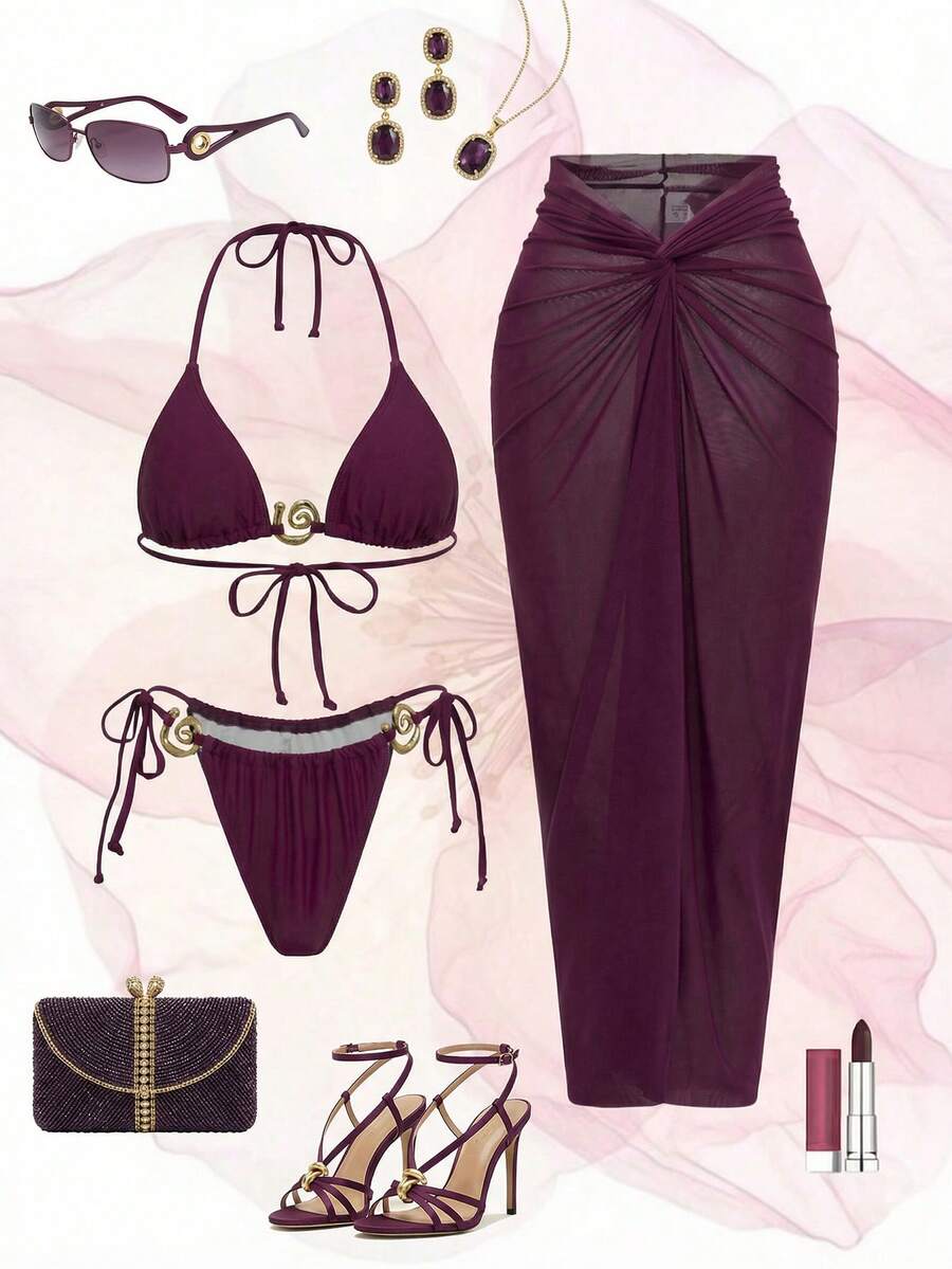 Swim Oasis Cerise Pink Summer Beach Gym Holiday Plus Size 3-Piece Swimsuit Set, French Halter Bikini Metal Buckle Uplift Slit Sarong Skirt Outfit - Red Violet - View 1