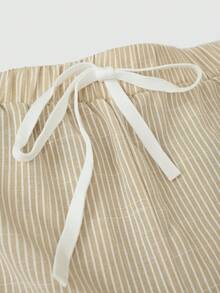 SHEIN LUNE CURVE 大码女式春夏亚麻条纹休闲舒适基础款条纹裤，日常/海滩穿着七分裤，带纽扣装饰 - 杏色 - 查看 7