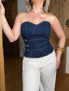 Jeta Ari Áo ống denim bó sát thời trang thiết kế khóa cài dành cho nữ - Rửa tối - Xem 3