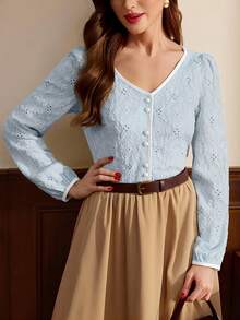 Vintamour Chemise décontractée de vacances à boutons avec empiècement texturé jacquard floral élégant vintage pour femmes. Vêtements d'automne, tenues d'automne, vêtements d'hiver, vêtements de Noël, blouses élégantes pour femmes, tenues de Noël pour femmes - Bleu ciel - Voir 4