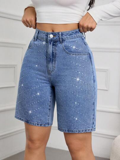 SHEIN Tall Shorts vaqueros ajustados de moda con diseño de strass y bolsillos para mujer alta, para fiestas, ocio, vacaciones y vacaciones