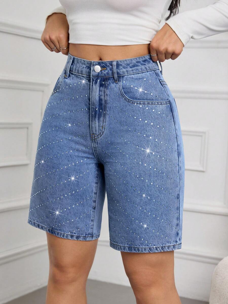 SHEIN Tall Quần short denim ôm sát thời trang mùa hè dành cho nữ, thích hợp cho các bữa tiệc, dạo chơi, nghỉ lễ, du lịch. Thiết kế đính đá lấp lánh, trang trí đá, có túi. - Rửa trung bình - Xem 1