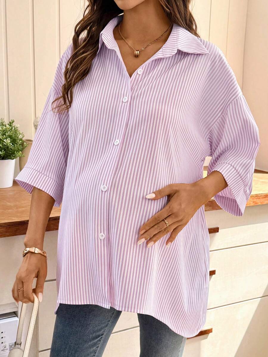 SHEIN Maternity Striped Drop Shoulder Single-Breasted Casual Loose Shirt - Pink - View 1