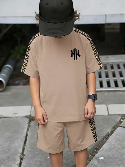 Genkimix Kids 春夏两件套男童休闲时尚套装，创意个性清新高端印花短袖T恤和短裤，舒适日常穿着