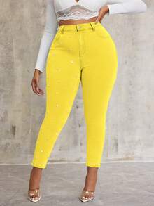 SHEIN SXY Plus Size Pearl Decor Stretchy Blue Denim Skinny Pants - Yellow - View 7