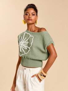 Travachic Women 3D Floral Decor Asymmetric Collar Knit Top - Mint Green - View 4
