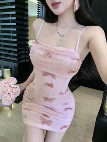 DAZY 春夏蝴蝶印花粉色修身休闲甜美少女音乐节连衣裙，适合情人节、婚礼、派对、时尚活动、优雅通勤吊带裙，女士太阳裙 - 粉色 - 查看 10