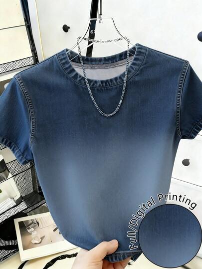 Franclia Women's Casual Ombre Round Neck Short Sleeve T-Shirt, Versatile For Daily Wear