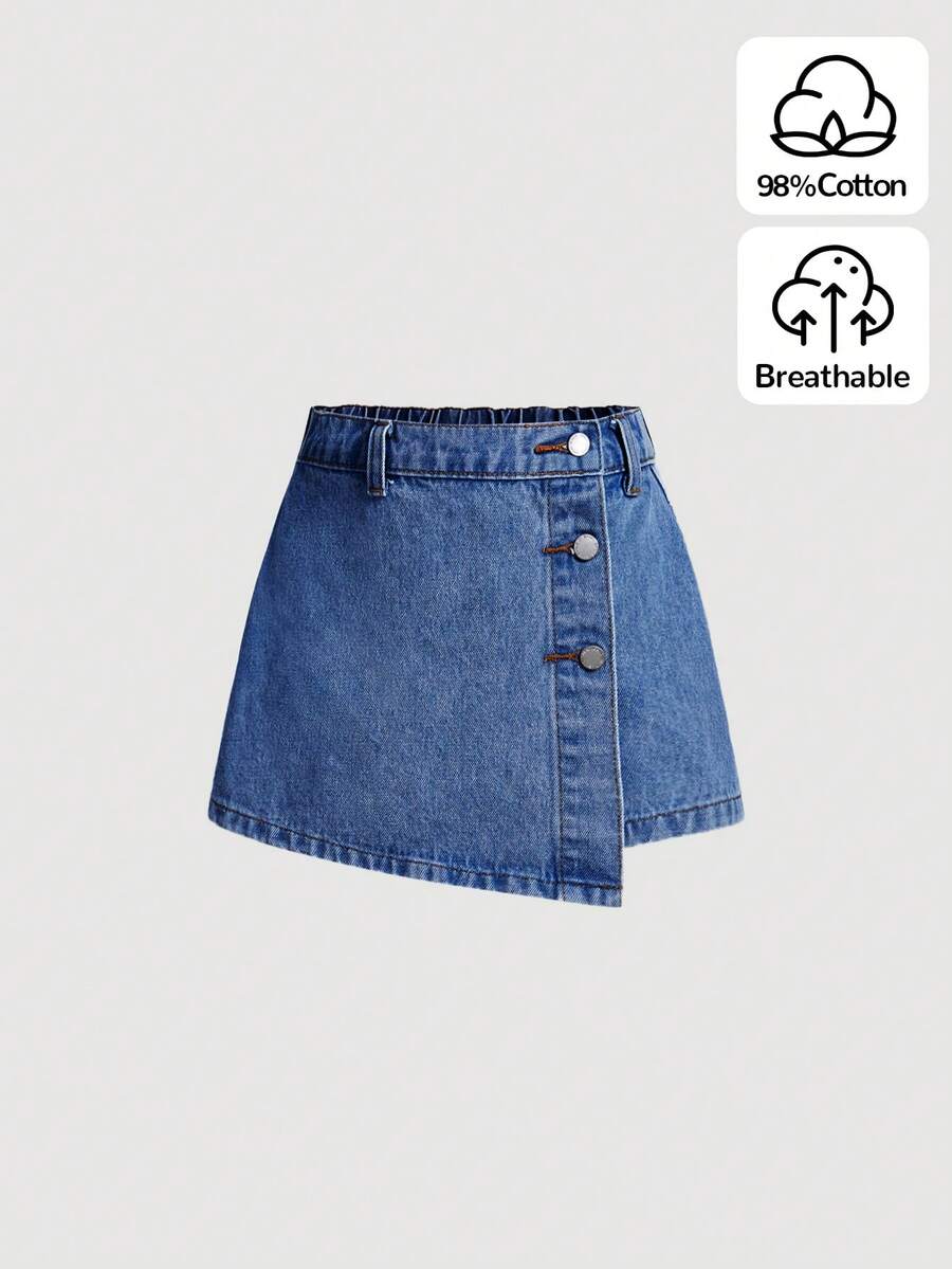 SHEIN Girlism Tween Girls Light Blue Washed Denim Asymmetrical Button Skort And Shorts, Summer Y2K Vacation - Dark Wash - View 1