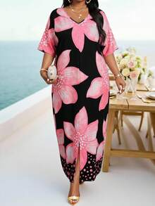 SHEIN Lady Đầm dài dáng suông cổ chữ V màu đen dệt kim nhiều màu sắc dành cho nữ cỡ lớn, thích hợp mặc mùa xuân và hè, kiểu dáng thanh lịch, phong cách boho, đầm kaftan dài, đầm lễ Phục Sinh, trang phục mùa xuân cho nữ, trang phục đi nghỉ mát, trang phục đi biển cho nữ, đầm đi biển, đầm dự đám cưới, đầm công sở, đầm dạ hội, đầm hoa cỡ lớn, đầm đi nghỉ mát cỡ lớn cho nữ, đầm Hawaii cỡ lớn, đầm cỡ lớn cho nữ, đầm mùa hè cỡ lớn, đầm mùa hè cỡ lớn cho nữ, trang phục mùa hè cỡ lớn cho nữ, đầm mùa xuân cỡ lớn. - Nhiều màu - Xem 1