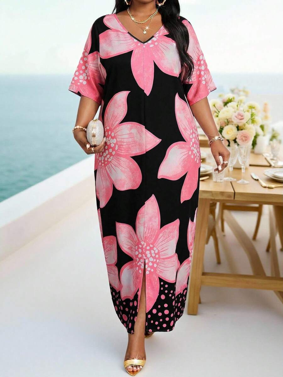 SHEIN Lady Đầm dài dáng suông cổ chữ V màu đen dệt kim nhiều màu sắc dành cho nữ cỡ lớn, thích hợp mặc mùa xuân và hè, kiểu dáng thanh lịch, phong cách boho, đầm kaftan dài, đầm lễ Phục Sinh, trang phục mùa xuân cho nữ, trang phục đi nghỉ mát, trang phục đi biển cho nữ, đầm đi biển, đầm dự đám cưới, đầm công sở, đầm dạ hội, đầm hoa cỡ lớn, đầm đi nghỉ mát cỡ lớn cho nữ, đầm Hawaii cỡ lớn, đầm cỡ lớn cho nữ, đầm mùa hè cỡ lớn, đầm mùa hè cỡ lớn cho nữ, trang phục mùa hè cỡ lớn cho nữ, đầm mùa xuân cỡ lớn. - Nhiều màu - Xem 1