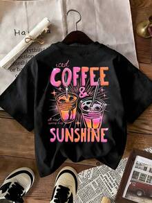 EMERY ROSE Camiseta de mujer "Café con hielo y sol", Camiseta de café con hielo, Amante del café - Negro - Ver 2