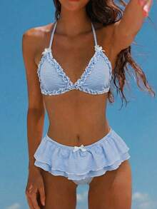 Swim Mod 女士沙滩度假条纹面料甜美荷叶边蝴蝶结挂脖比基尼套装 - 藍白色 - 查看 1