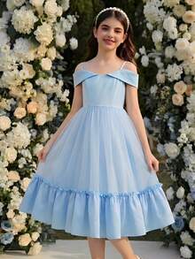 SHEIN Tween Girl Elegant Satin & Mesh Patchwork Midi Dress Princess Dresses For Girls Tulle Dress For Girls Girls Blue Dress Party Dresses For Girls Off-Shoulder Dress For Girls - Blue - View 4