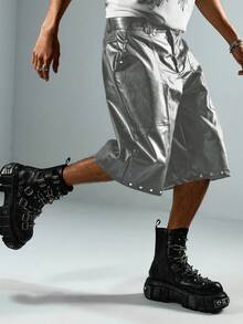 ROMWE MEN Street Life Men's PU Leather Casual Capri Pants With Pockets & Rivets, Hip Hop Style - Silver - View 5