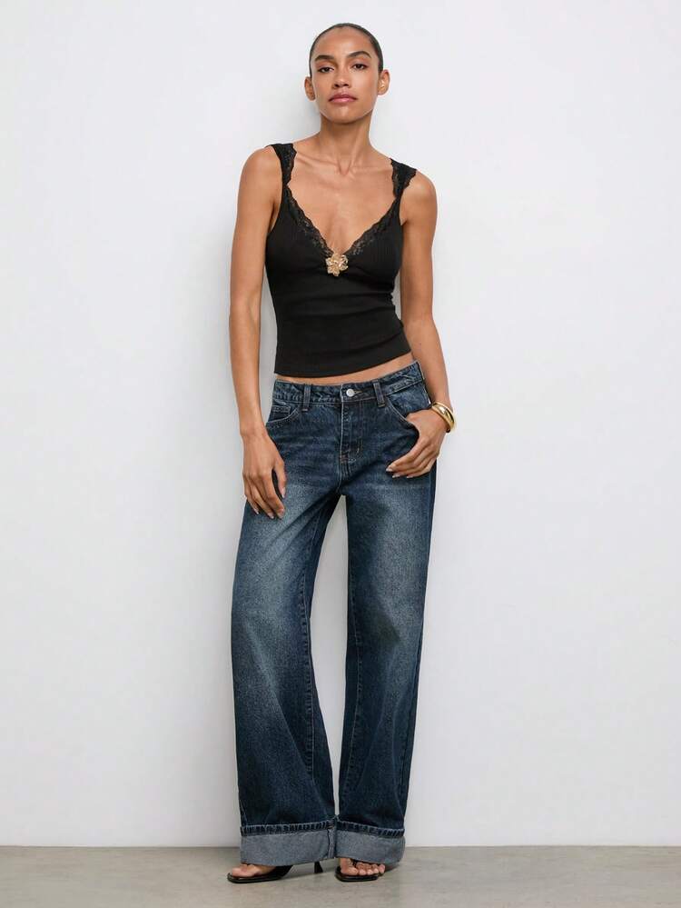 SHEIN Maija Women's Minimalist Metal Flower Decor Lace Patchwork Fashion Camisole Vest, Suitable For Vacation