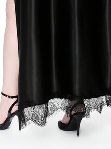 ROMWE Gaun Pesta Pernikahan Gothic Musim Panas, Leher V Dalam, Hem Asimetris, Ruffle, Satin & Patchwork Renda, Ukuran Plus untuk Wanita - Hitam - View 5